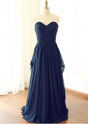 Side Draped Navy Blue Chiffon Fabulous Long Bridesmaid Dress